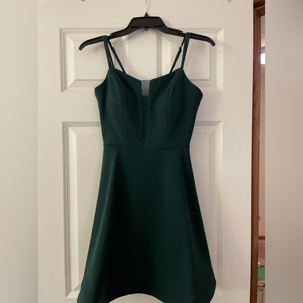 Green A-line formal dress, mesh design in front and double straps